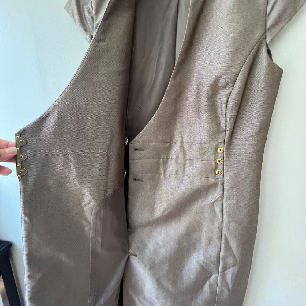 Calvin Klein Sz 6 Sheath Mandarin Collar Button Wrap Midi Dress Lined Khaki - Picture 3 of 8